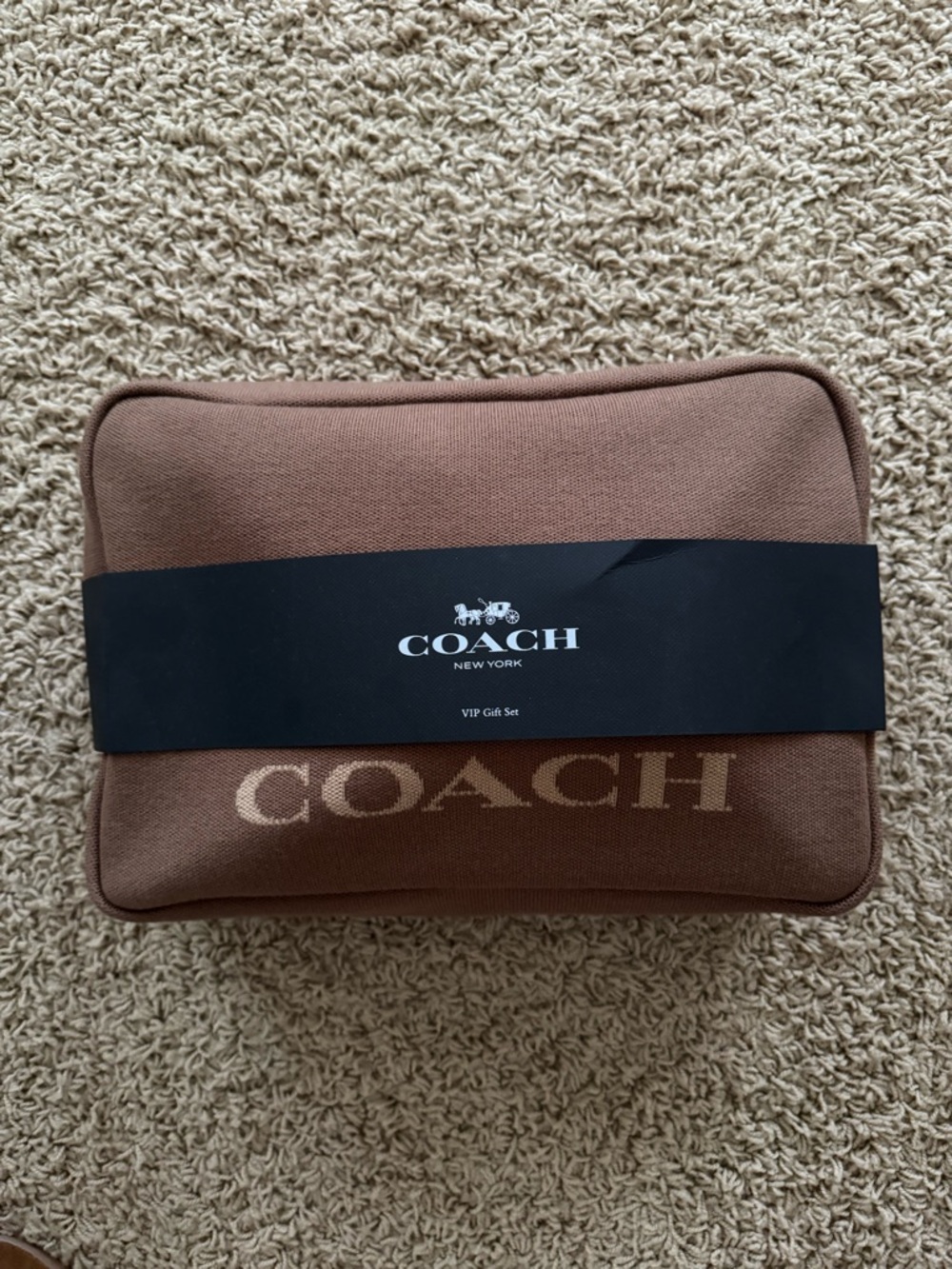 Coach Brown Canvas Toiletry Pouch with Logo Band